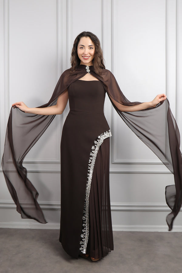 Straplez Eteği Taş İşlemeli Fular Detaylı Abiye Kahve