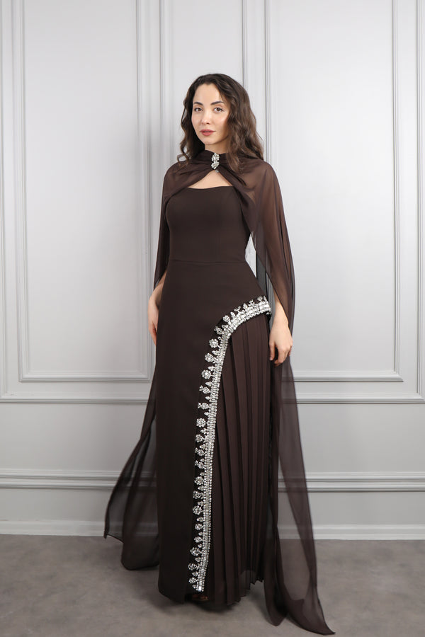 Straplez Eteği Taş İşlemeli Fular Detaylı Abiye Kahve