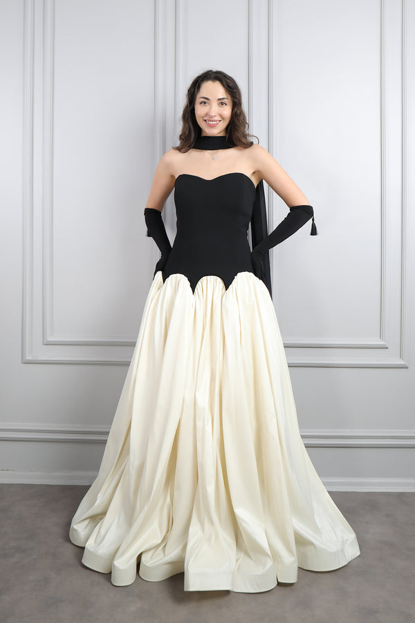 Straplez Eldiven Aksesuar Detaylı Abiye Siyah-kemik