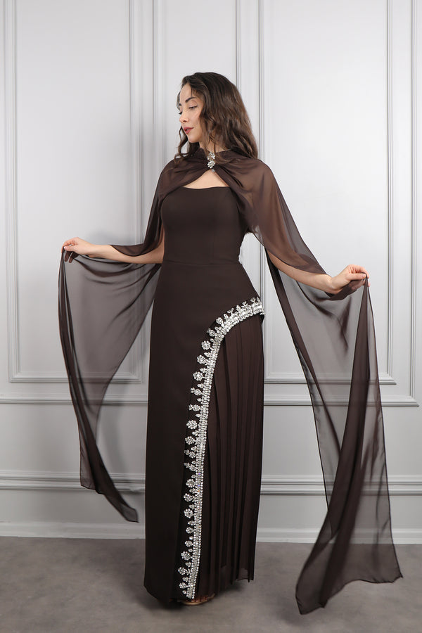 Straplez Eteği Taş İşlemeli Fular Detaylı Abiye Kahve