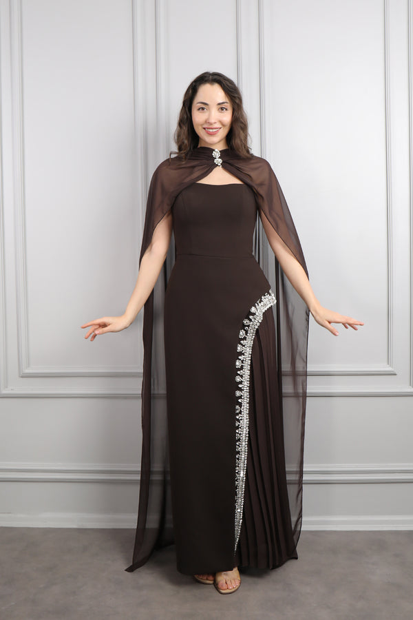 Straplez Eteği Taş İşlemeli Fular Detaylı Abiye Kahve