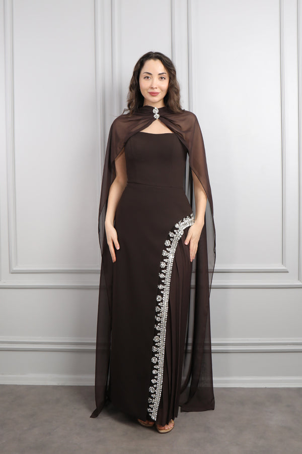 Straplez Eteği Taş İşlemeli Fular Detaylı Abiye Kahve