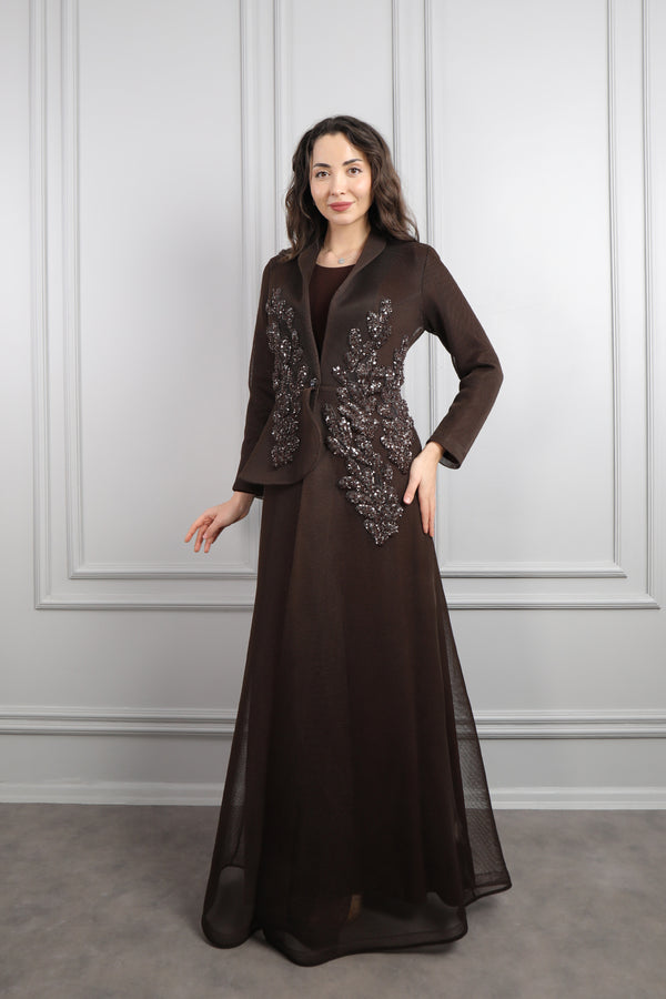 Önü Düğmeli Boncuk İşlemeli Ceket Takım Kahve