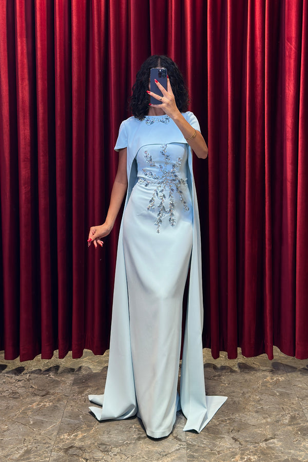 Straplez Kristal Taş Ve Çiçek İşlemeli Pelerinli Bolero Detaylı Abiye Bebe-Mavi