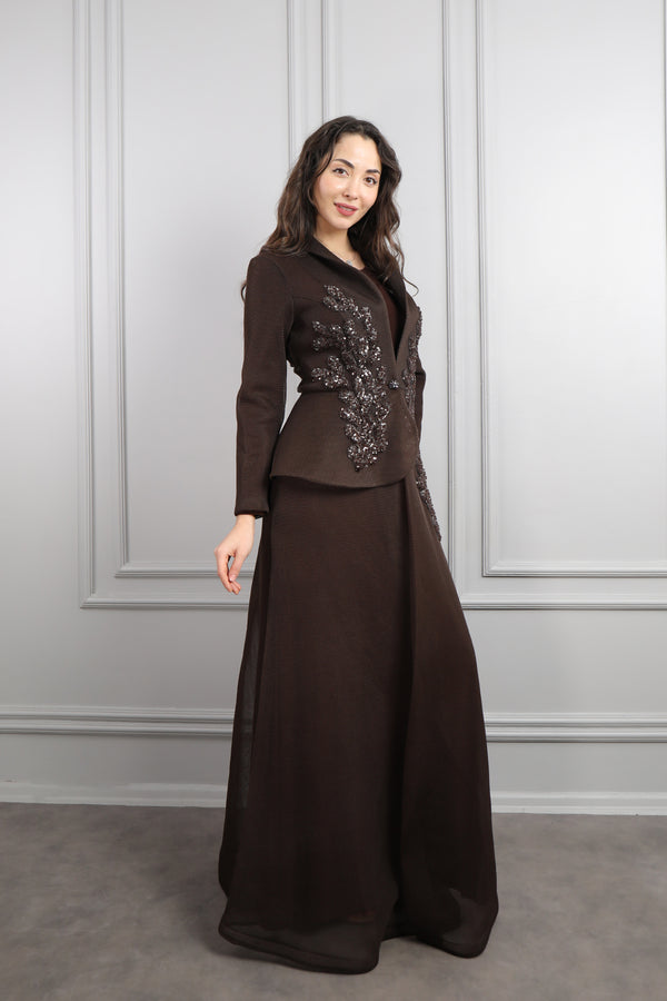 Önü Düğmeli Boncuk İşlemeli Ceket Takım Kahve