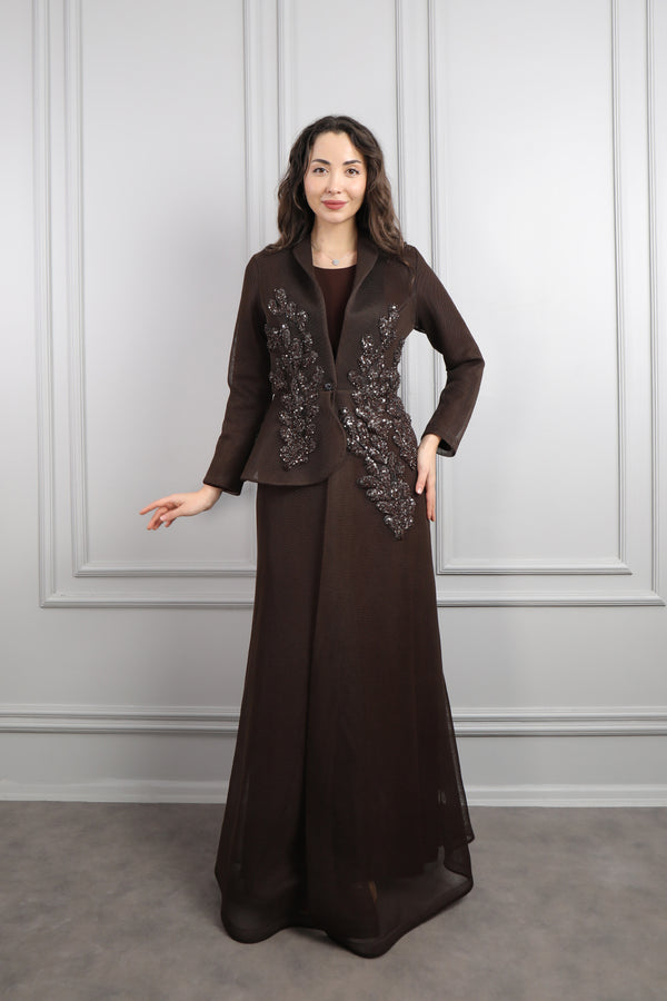 Önü Düğmeli Boncuk İşlemeli Ceket Takım Kahve