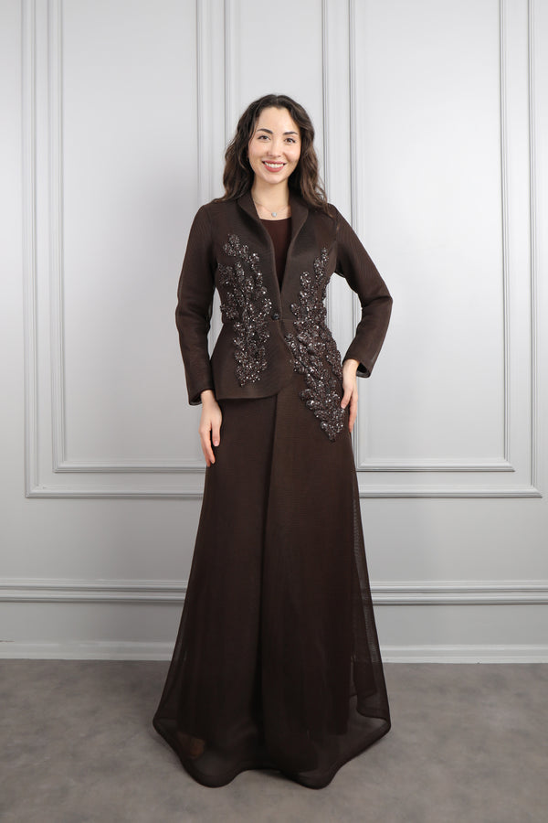 Önü Düğmeli Boncuk İşlemeli Ceket Takım Kahve