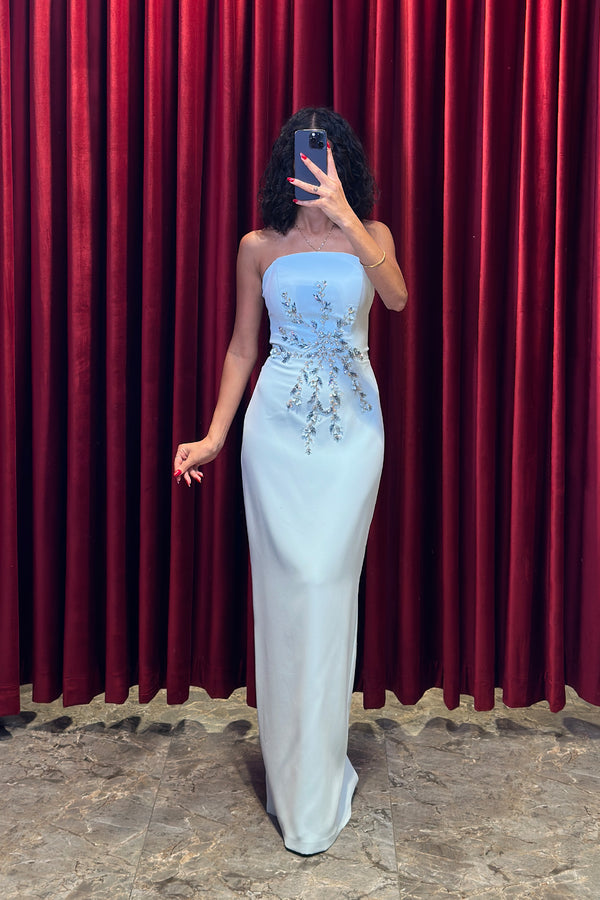 Straplez Kristal Taş Ve Çiçek İşlemeli Pelerinli Bolero Detaylı Abiye Bebe-Mavi