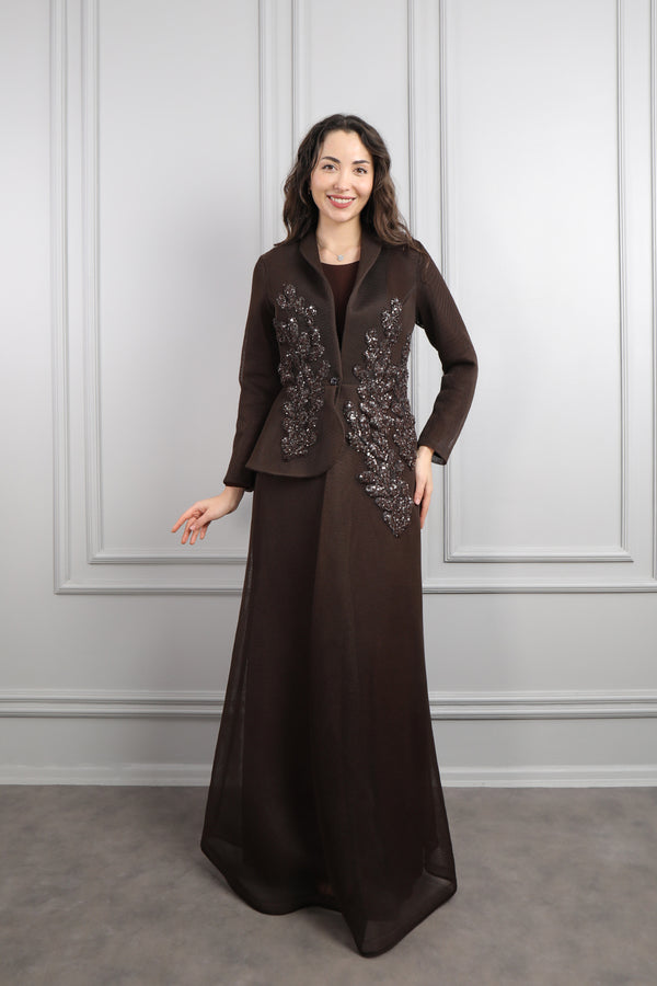 Önü Düğmeli Boncuk İşlemeli Ceket Takım Kahve