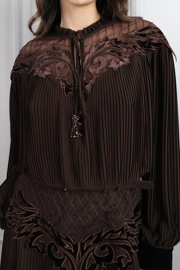 Gömlek Yaka Kadife Detaylı Desenli Büyük Beden Elbise Kahverengi