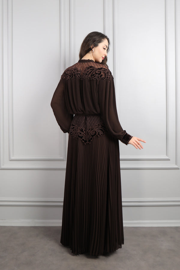 Gömlek Yaka Kadife Detaylı Desenli Büyük Beden Elbise Kahverengi