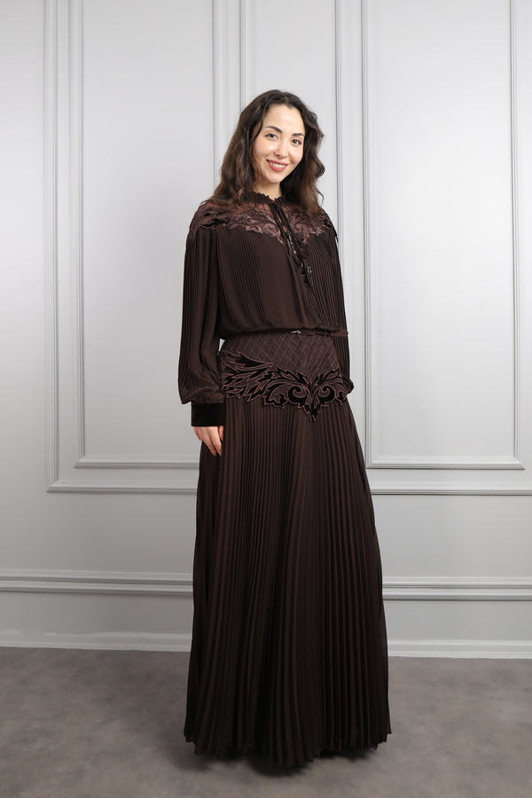 Gömlek Yaka Kadife Detaylı Desenli Büyük Beden Elbise Kahverengi