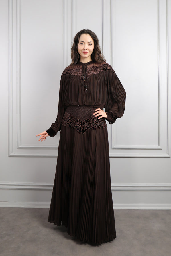 Gömlek Yaka Kadife Detaylı Desenli Büyük Beden Elbise Kahverengi