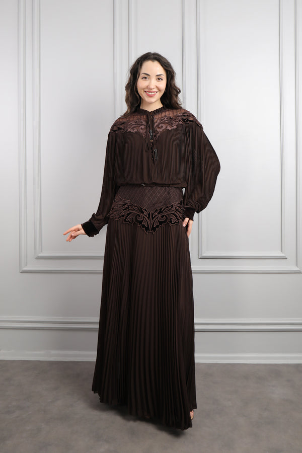 Gömlek Yaka Kadife Detaylı Desenli Büyük Beden Elbise Kahverengi