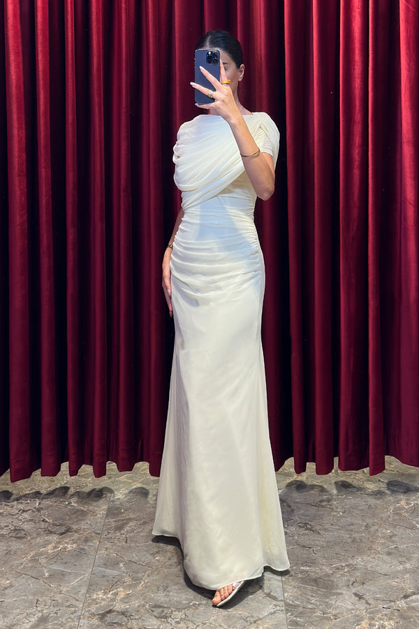 Drapeli Şifon Abiye Elbise Sarı