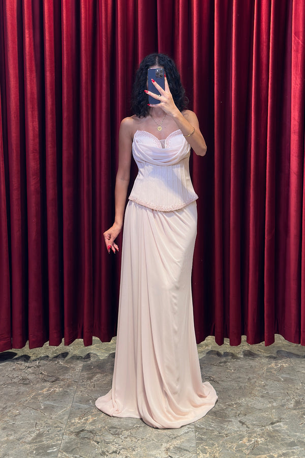Yakası Ve Beli Boncuk İşlemeli Korse Görünümlü Abiye Pudra